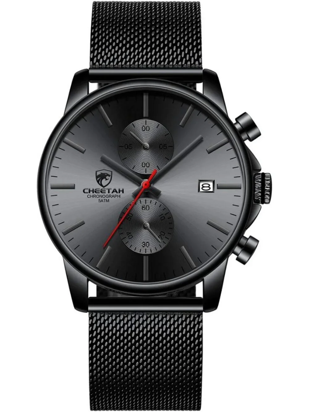 Men's Red Mesh Stainless Steel Minimalist Quartz Analog Chronograph Wristwatch